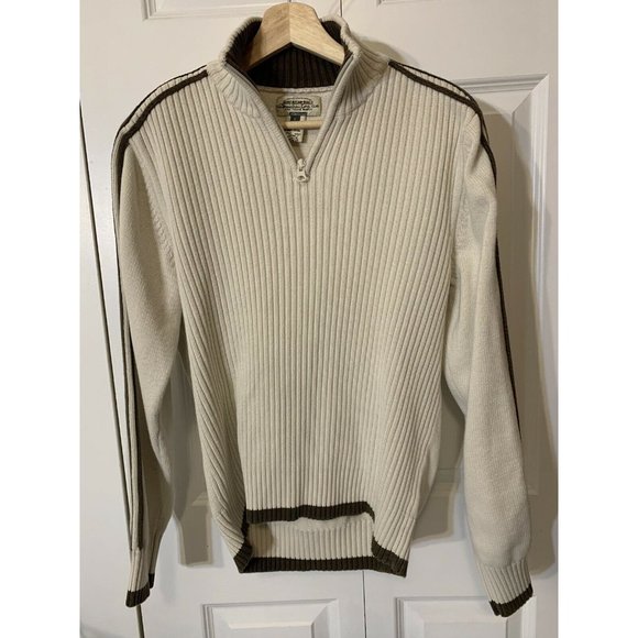 AMERICAN RAG Cie Men's Sz‎ L 1/4 Zip Sweater Cream Brown 100% Cotton - Picture 1 of 7
